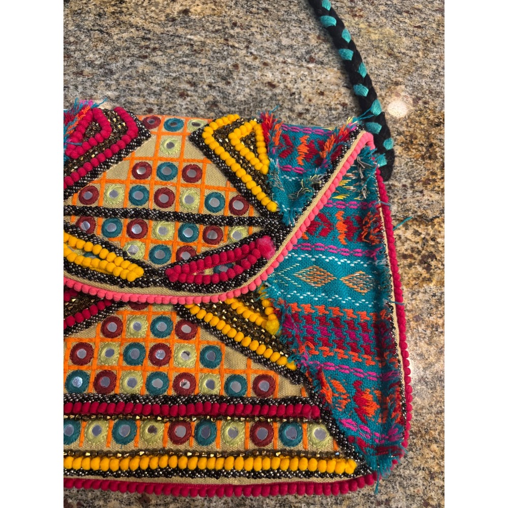 Big Buddha Embroidered Mirror Accent Messenger Bag Turquoise Pink Yellow Boho - Picture 3 of 7